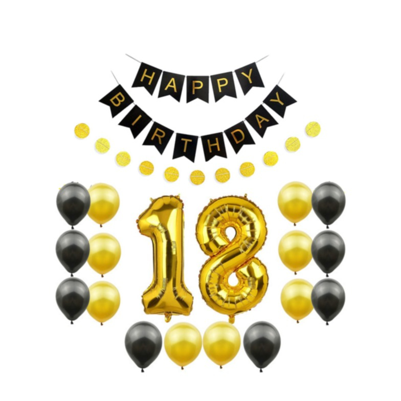 (85-tlg. Set) Happy Birthday Girlande 18. Geburtstag Party Deko   Latex- und Folienballons / Spiralengirlande - Gold / Schwarz