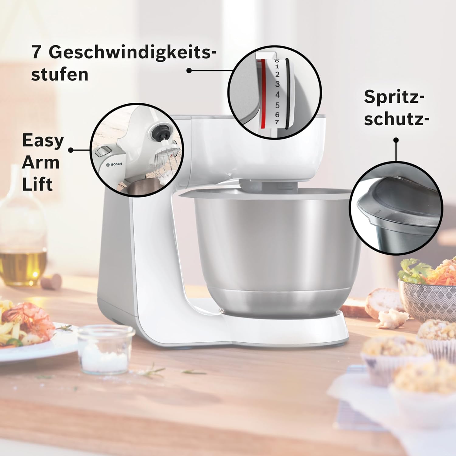 Bosch Küchenmaschine Serie 4, Knethaken, Rühr- & Schneebesen Edelstahl, Edelstahlschüssel spülmaschinenfest, 3D Rührsystem, weiß/silber, MUM58200