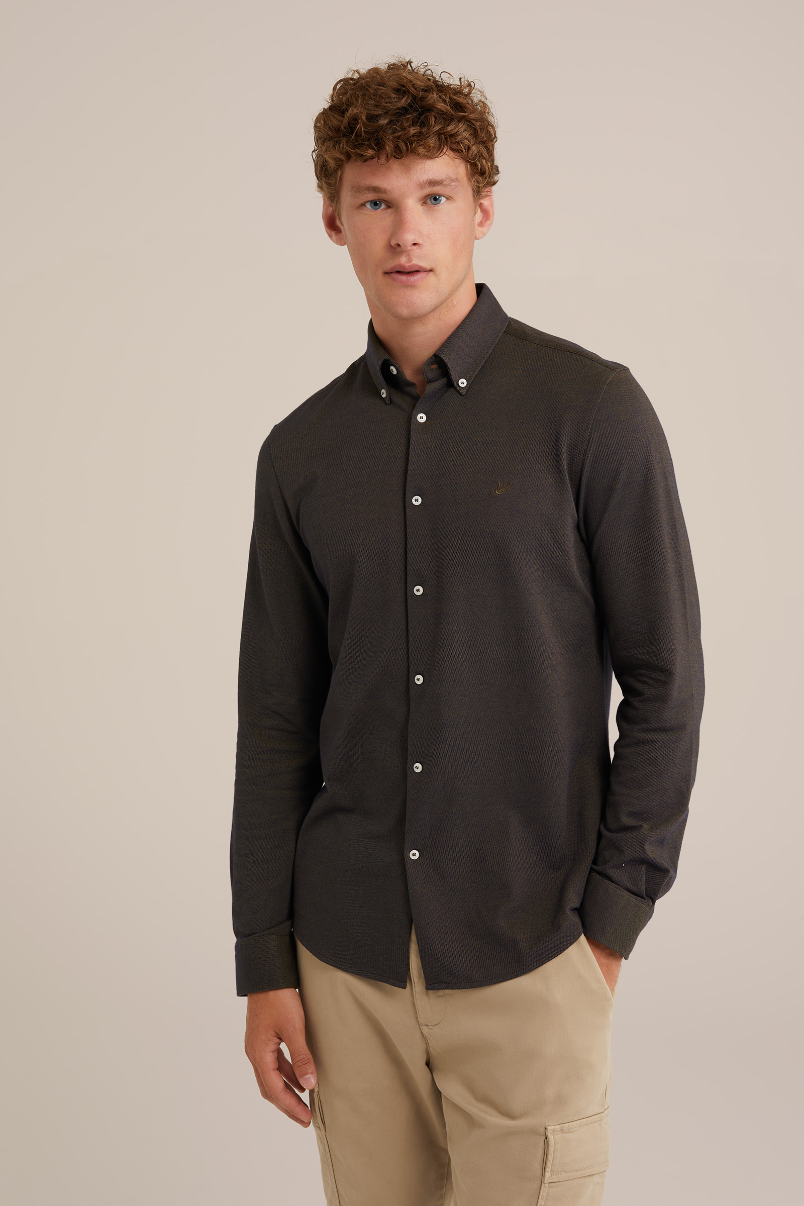 piquéjersey overhemd met stretch Fundamentals Bruin