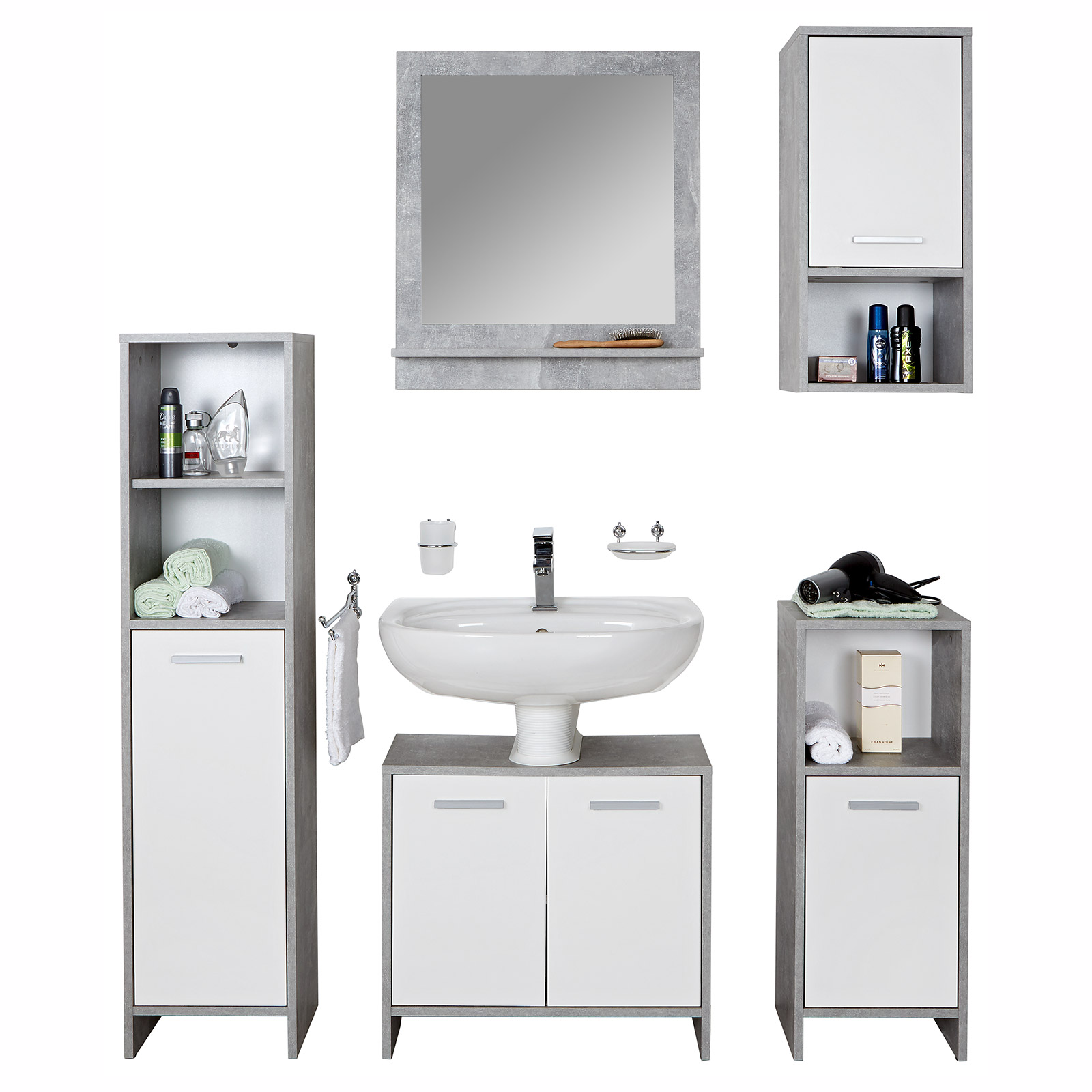 Midischrank - weiß-Betonoptik - 135 cm hoch