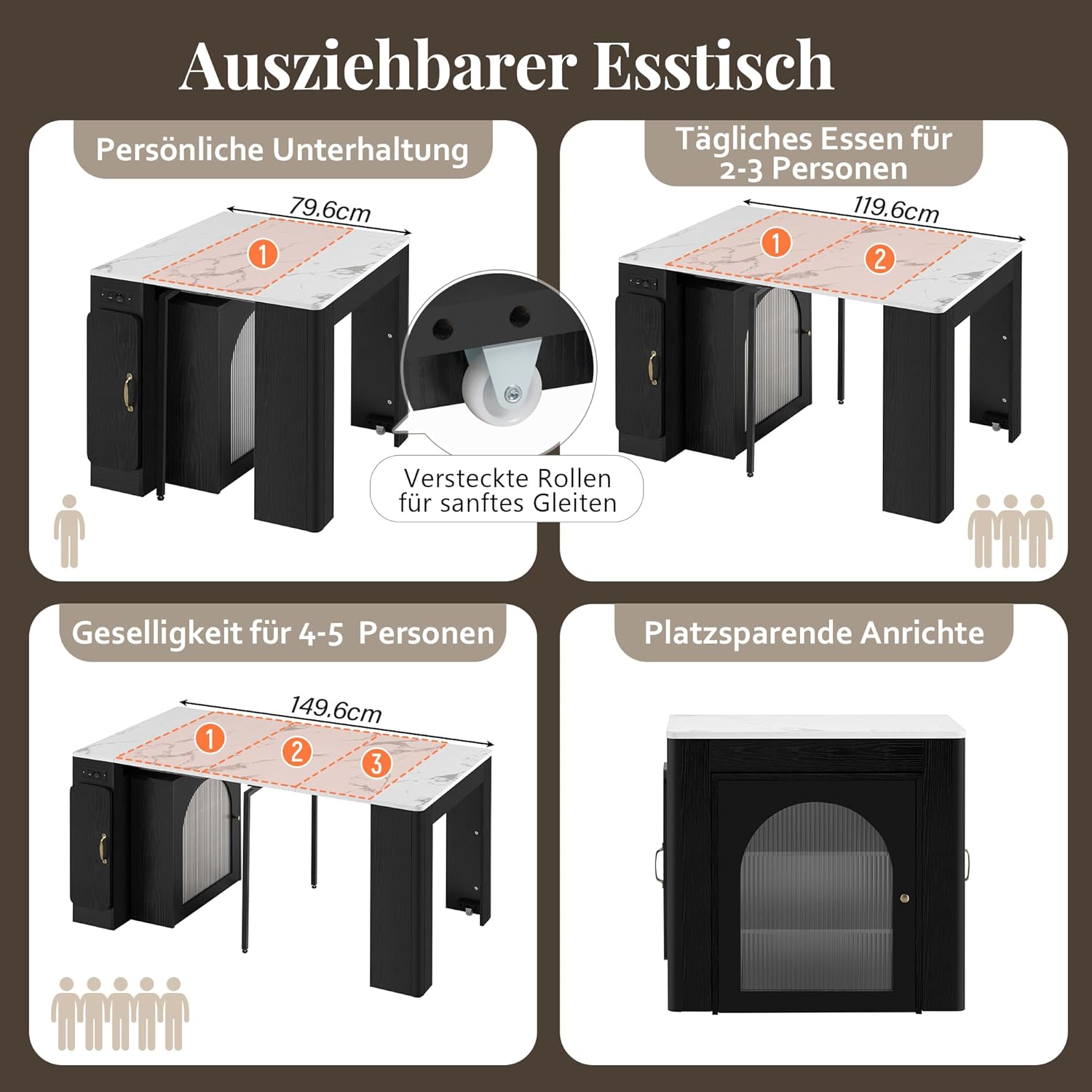 Kücheninsel mit Rollen, Ausziehbarer Esstisch mit Abnehmbarer Tischplatte, Mobile Servierwagen mit Steckdosenleisten, Sideboard oder Bartisch für Küche und Esszimmer (Schwarz)
