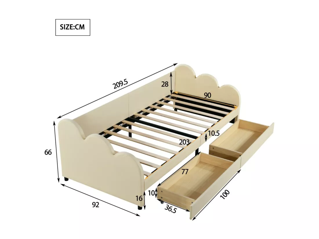 Lit banquette rembourré en similicuir 90x200cm - avec 2 tiroirs - Beige
