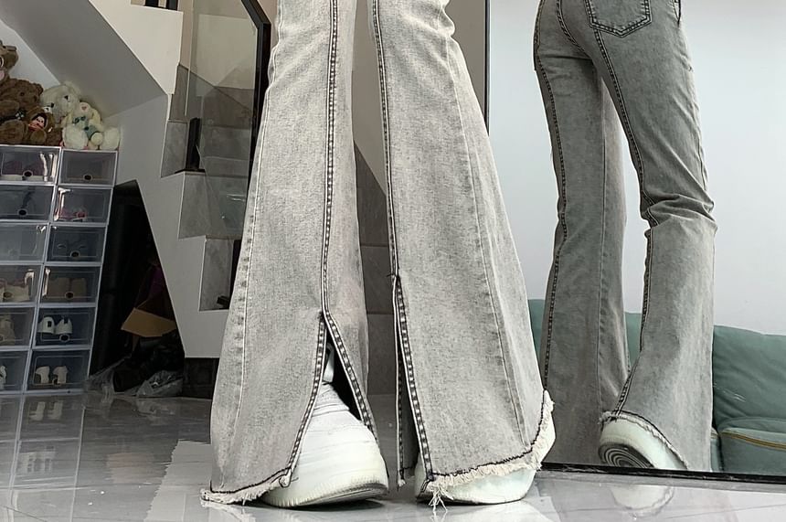 RONIN - Mid Waist Slit Fringed Washed Flared Jeans