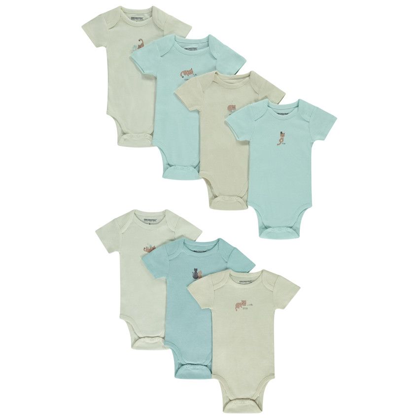 Lot de 7 bodies manches courtes print chat pour bébé - Ecru