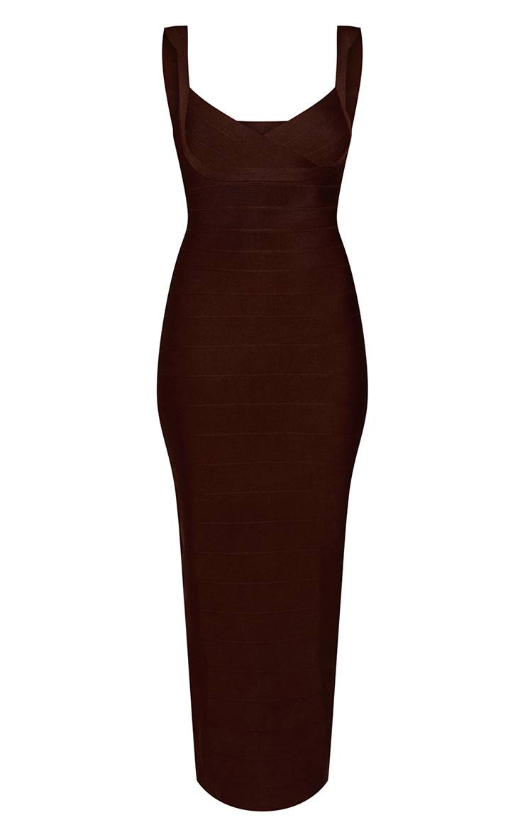 Chocolat Robe Longue Bandage À Bretelles Et Décolleté En V