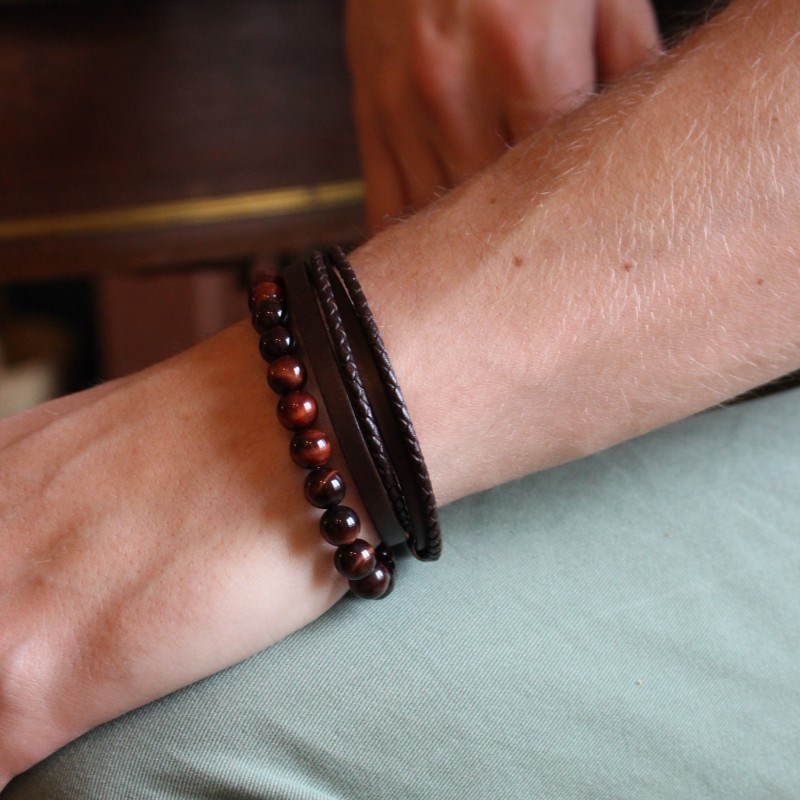 Bracelet cuir le mix marron homme - gravure PAPA COEUR