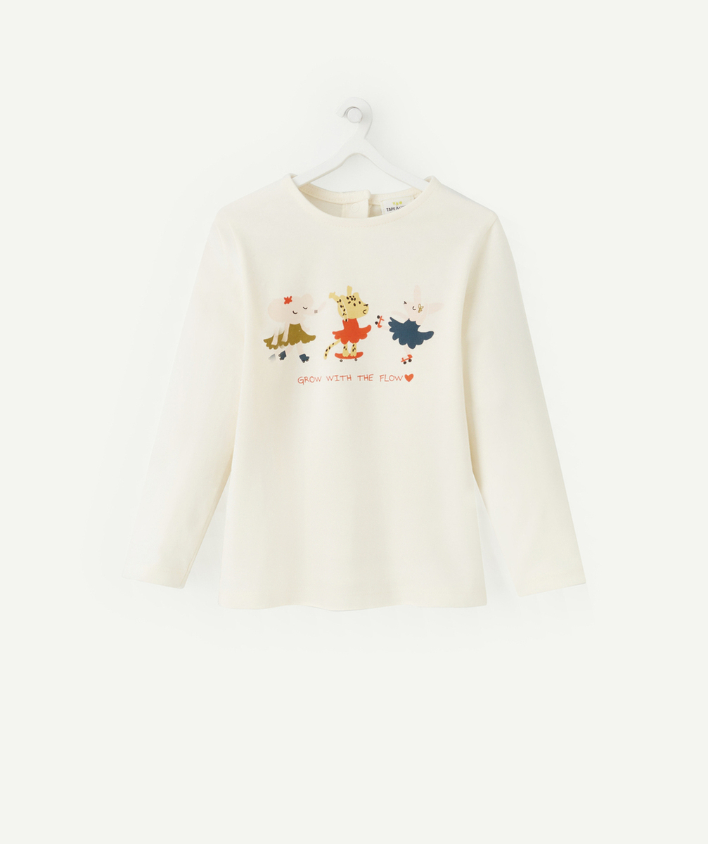T-SHIRT BÉBÉ FILLE EN COTON BIO ÉCRU MOTIFS ANIMAUX DANSANTS