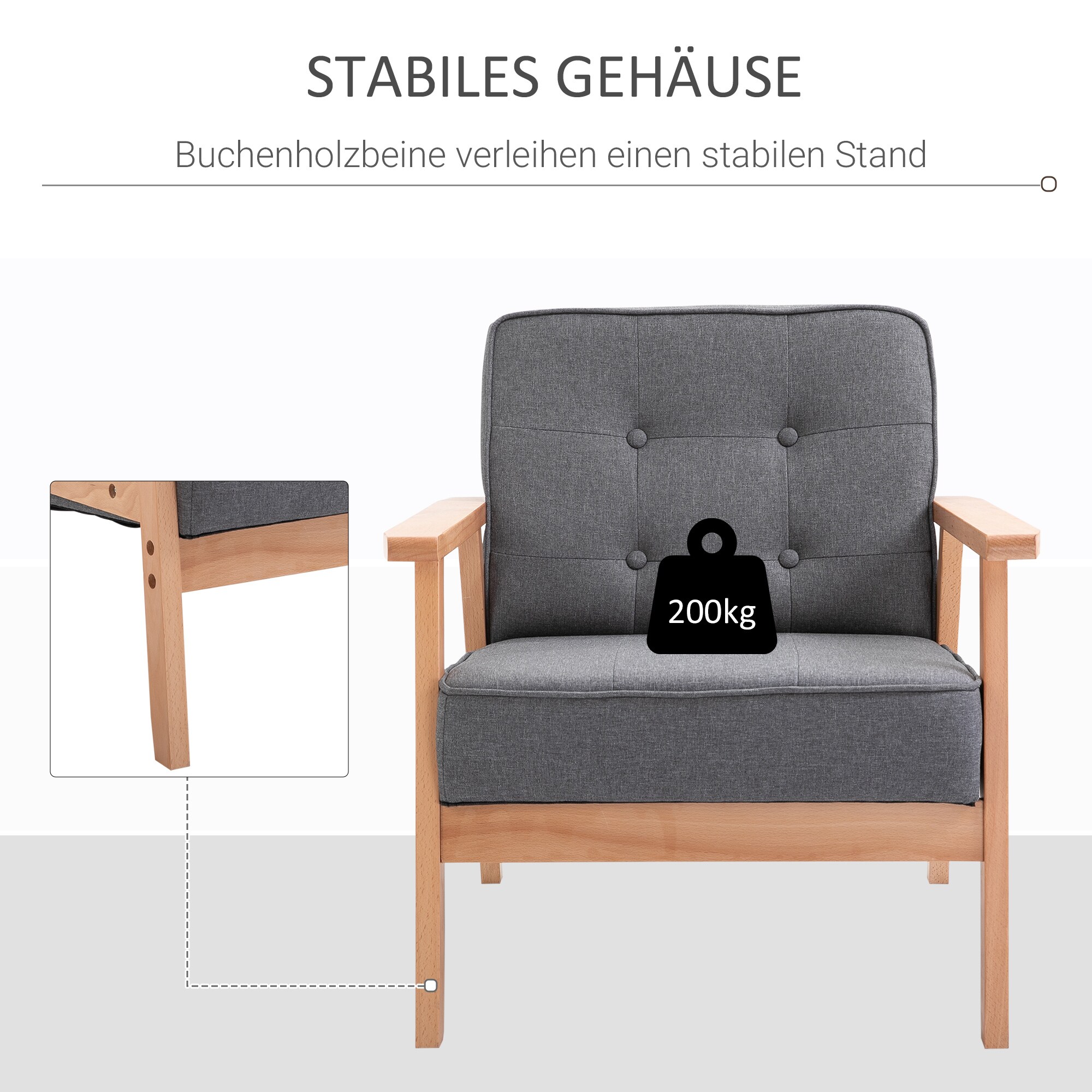 HOMCOM Polsterstuhl mit Armlehnen grau, natur 64,5 x 70 x 70 cm (BxTxH)