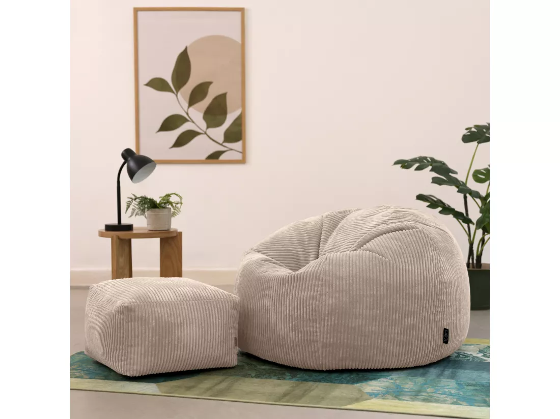 Pouf classique et son repose-pied velours côtelé, beige galet - KINGSTON