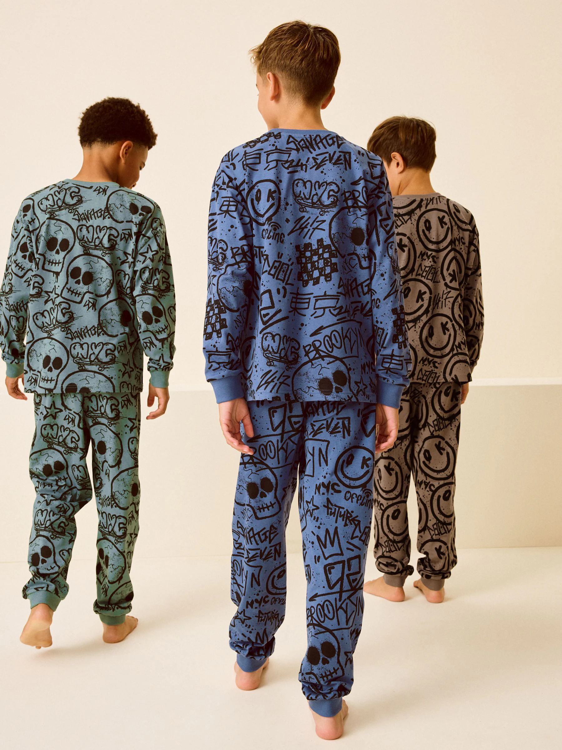 Blauw/Groen/Naturel personage - Verpakking van 3 pyjama's met lange mouwen (3-16 jr)