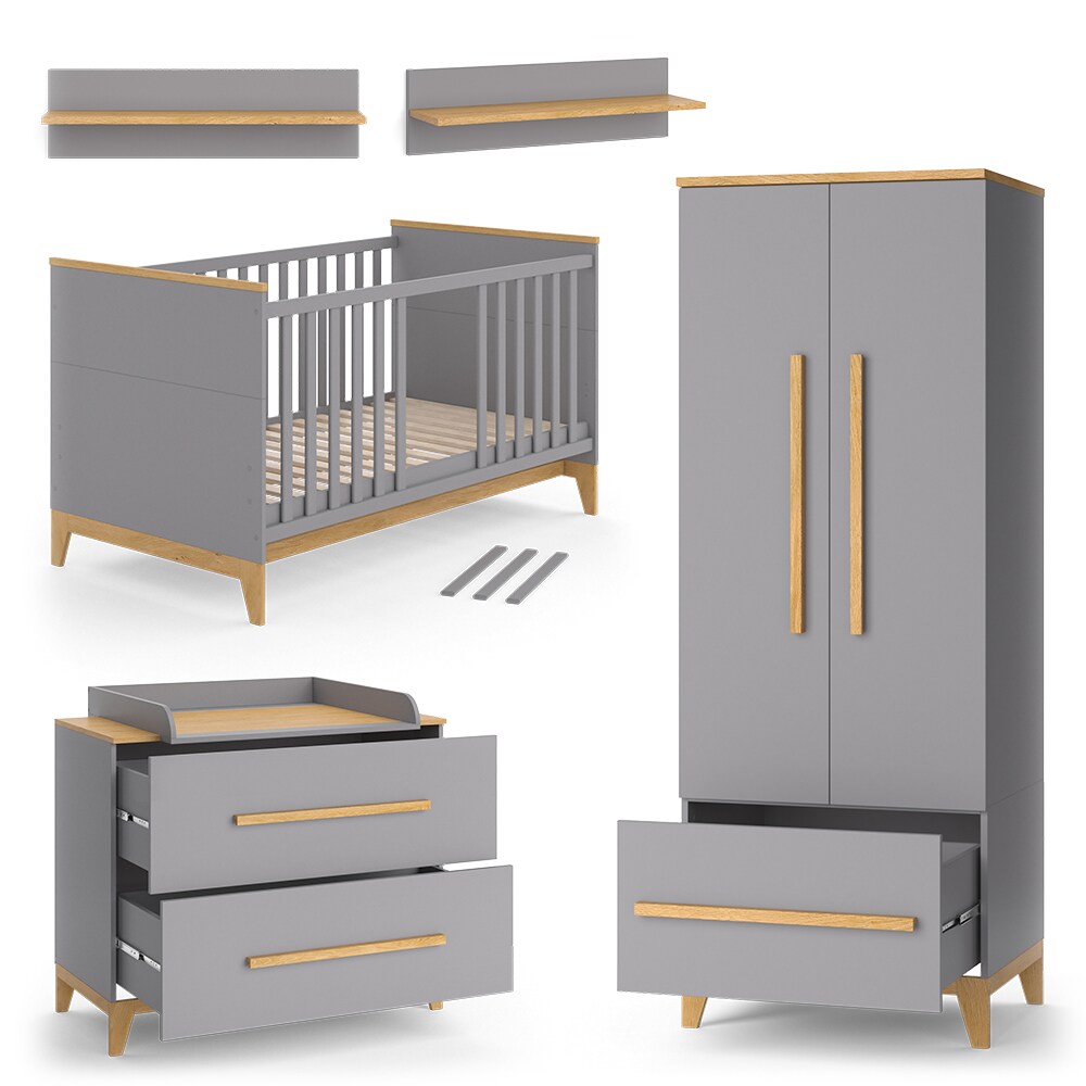 VitaliSpa Babymöbel Set Malia Grau Eiche Wickelkommode Wandregal Kinderbett Kleiderschrank Kinderzimmermöbel Wickelauflage Aufbewahrung Lattenrost Rausfallschutz Kleiderstange