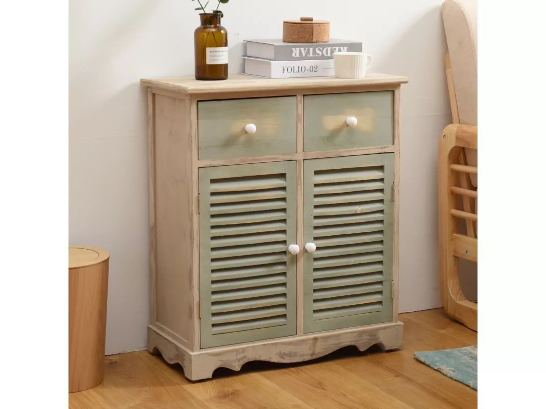 Commode Meuble 2 Porte 2 Tiroirs Bois Clair Vert 70x60x30
