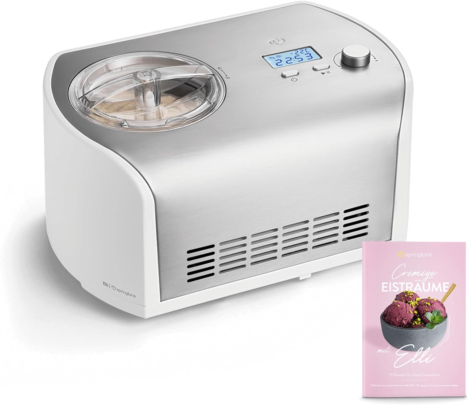 SPRINGLANE Eismaschine Elli 1,2 L mit selbstkühlendem Kompressor 135 W, Eiscrememaschine aus Edelstahl mit entnehmbarem Eisbehälter, inkl. Rezeptheft