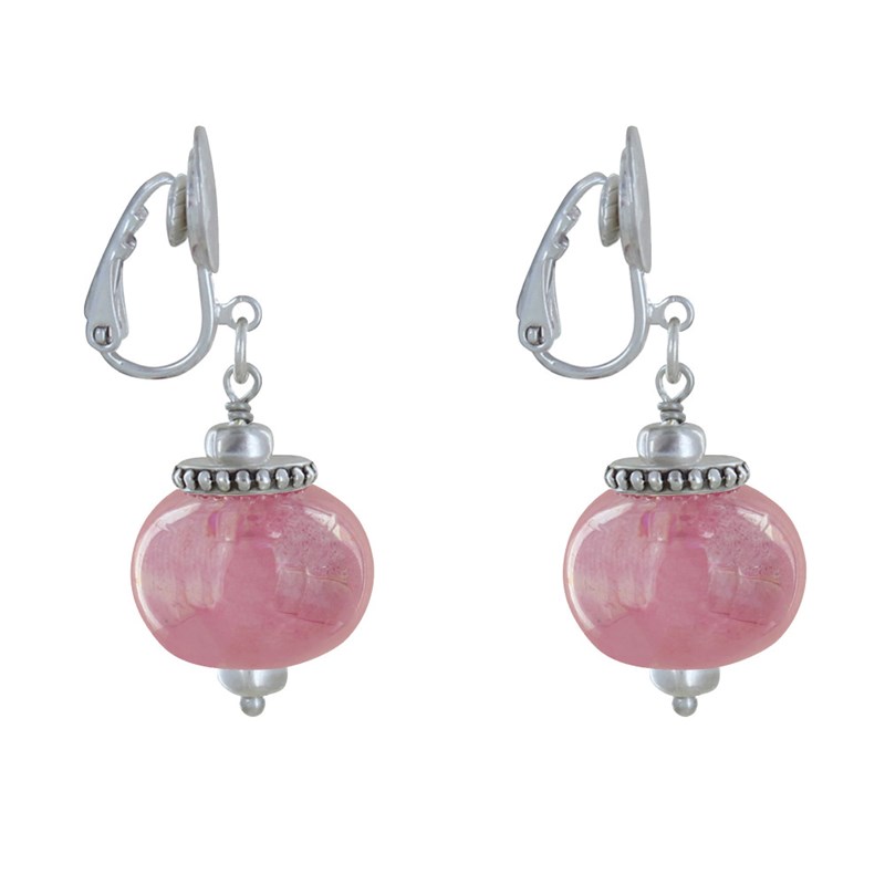 Boucles d'Oreilles Clip Métal Argenté et Grosses Perles en Céramique