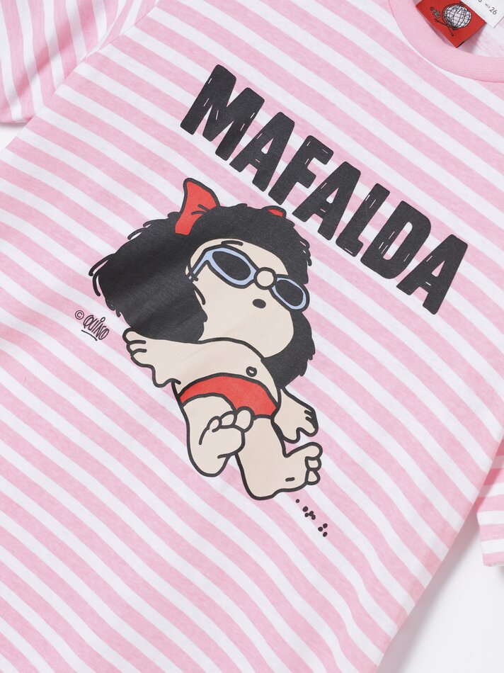 Camiseta listrada Mafalda - Rosa/Branca