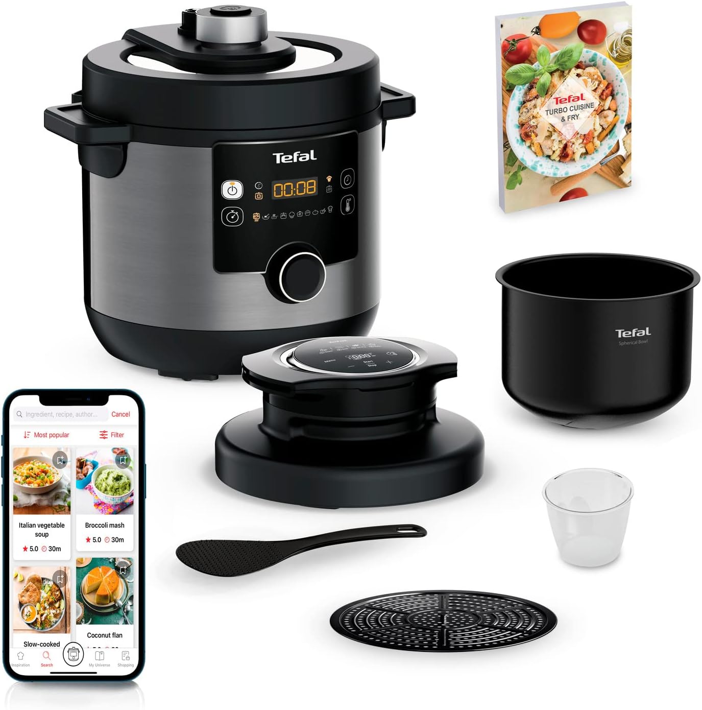 Tefal CY7788 Turbo Cuisine & Fry Multikocher, Schnellkochtopf & Heißluftfritteuse, 14 automatische Kochprogramme, Extra Crisp Deckel, vielseitig, 7,6 L Kapazität, inkl. Rezeptheft & Rezepte-App