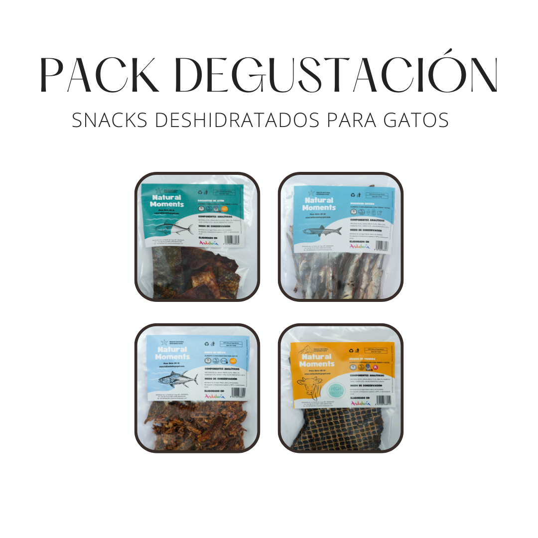 Pacote de degustação de petiscos desidratados para gatos.
