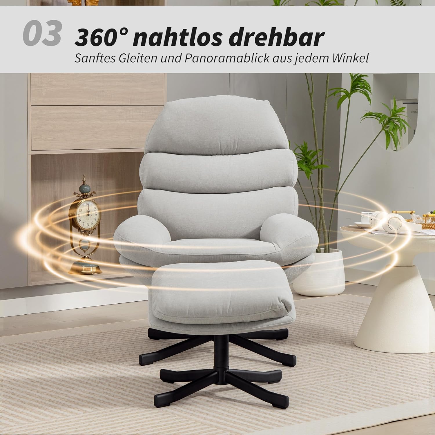 HOMCOM Relaxsessel mit Hocker Sessel Loungesessel mit Chenille-Optik breiter Sitzfläche Drehbar Polstersessel Armlehnensessel für Wohnzimmer, Schlafzimmer, Cremeweiß