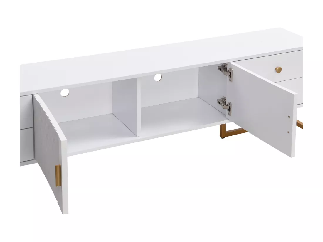 Meuble TV 175x30x46cm, panneau bas avec porte texturée, iroirs, poignées dorées et pieds dorés, blanc