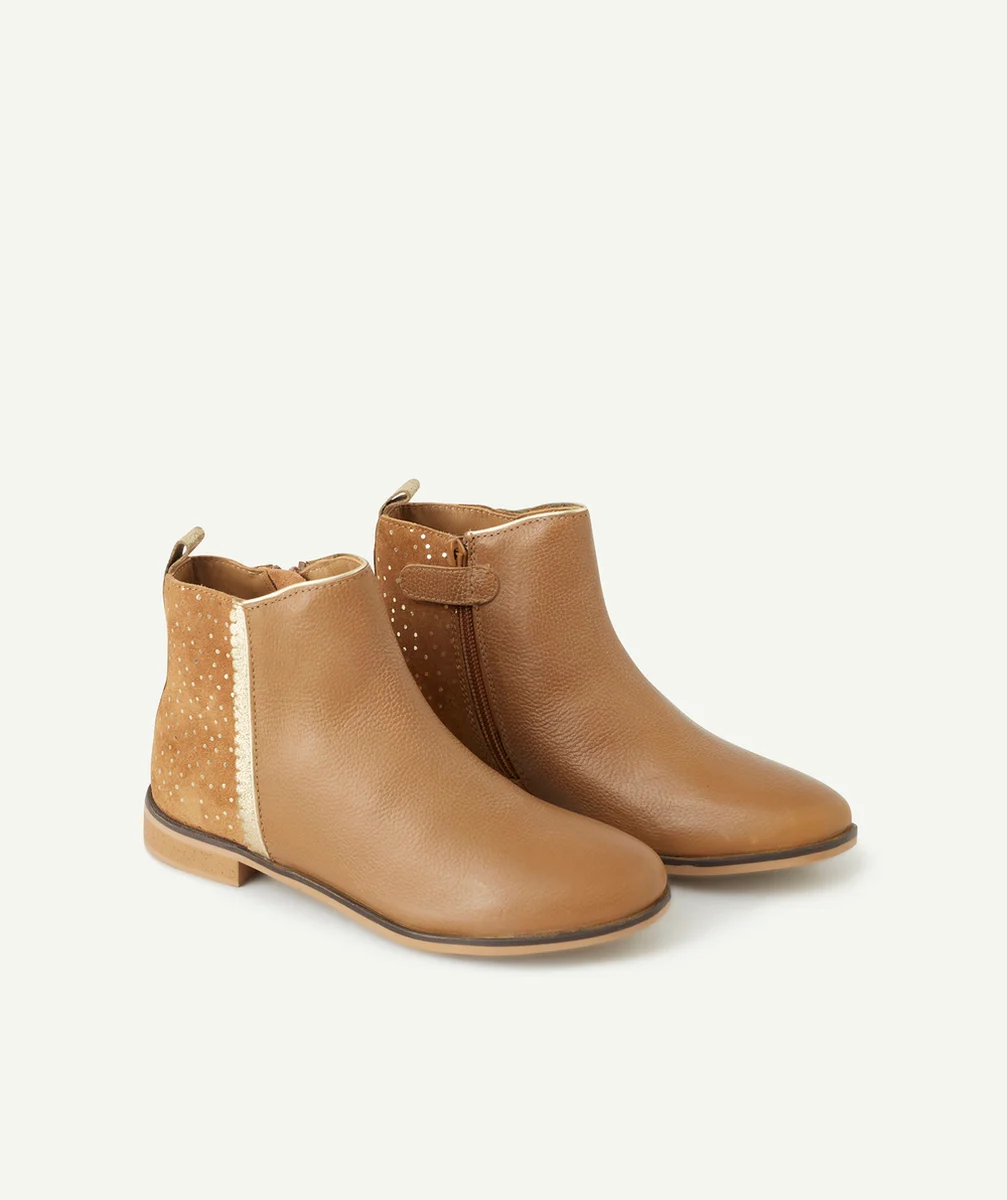 BOTTINES FILLE EN CUIR CAMEL AVEC DÉTAILS À POIS COULEUR DORÉE