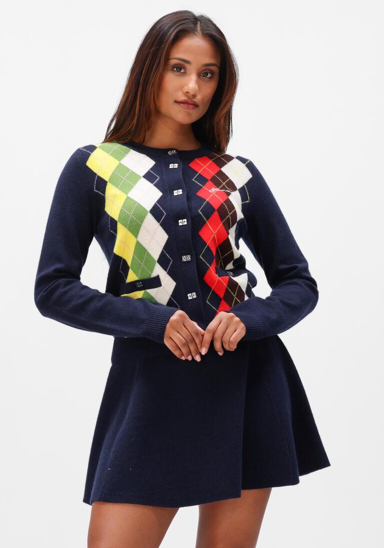 donkerblauwe ganni truien/vesten cashmere wool mix argyle cardigan