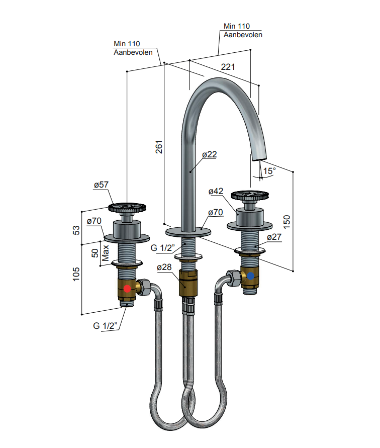 Hotbath Cobber @Work wastafelmengkraan 3 gats geborsteld messing PVD