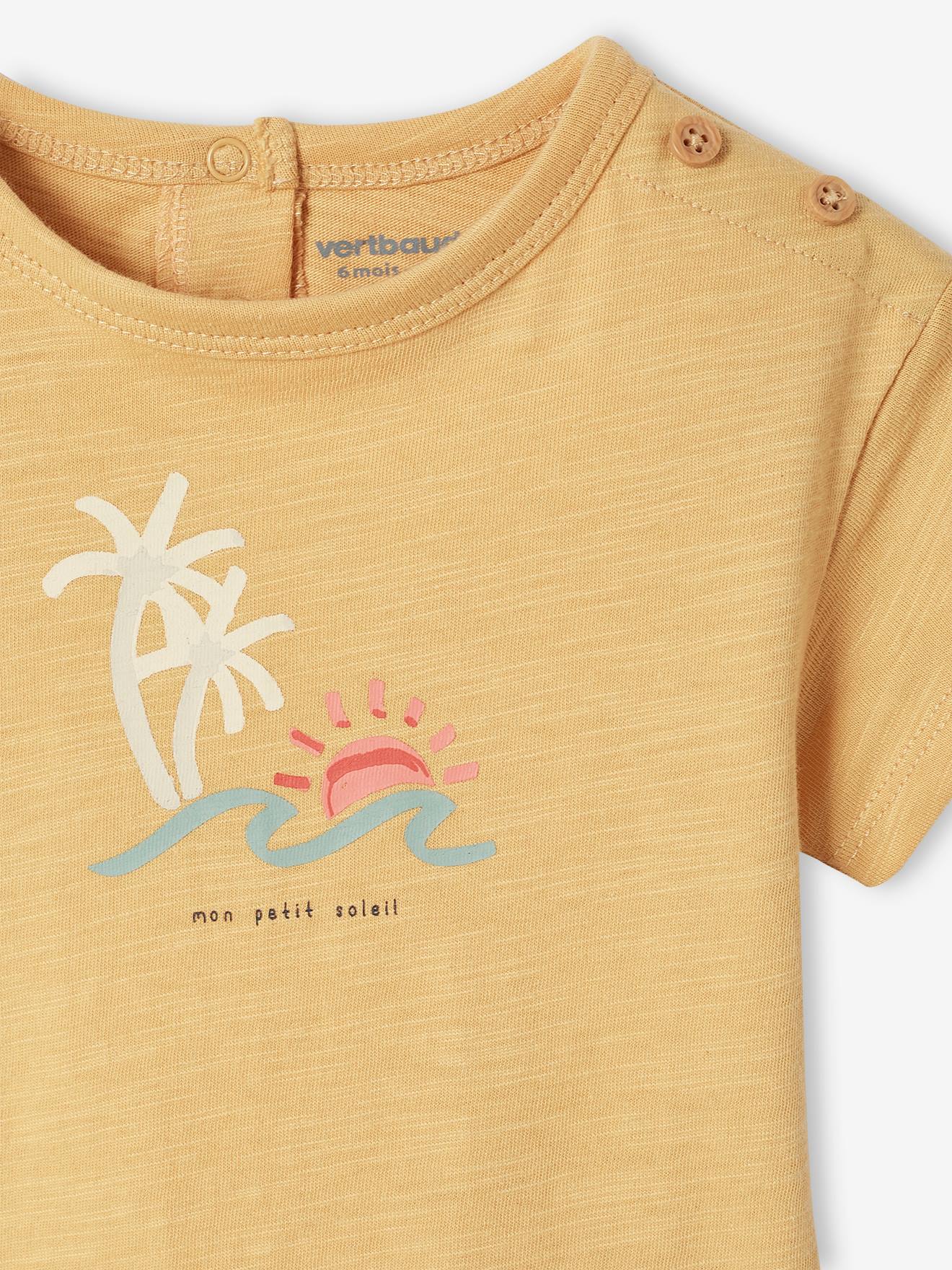 Camiseta/body infantil de manga curta amarelo claro com estampa de palmeiras