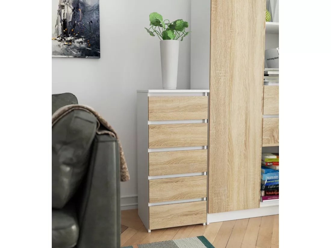 Commode AKORD CL5 Blanche 40 cm 5 tiroirs façade Chêne Sonoma 40x35x92 cm