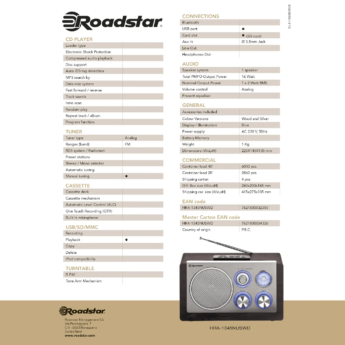 Roadstar HRA1345NUSWD