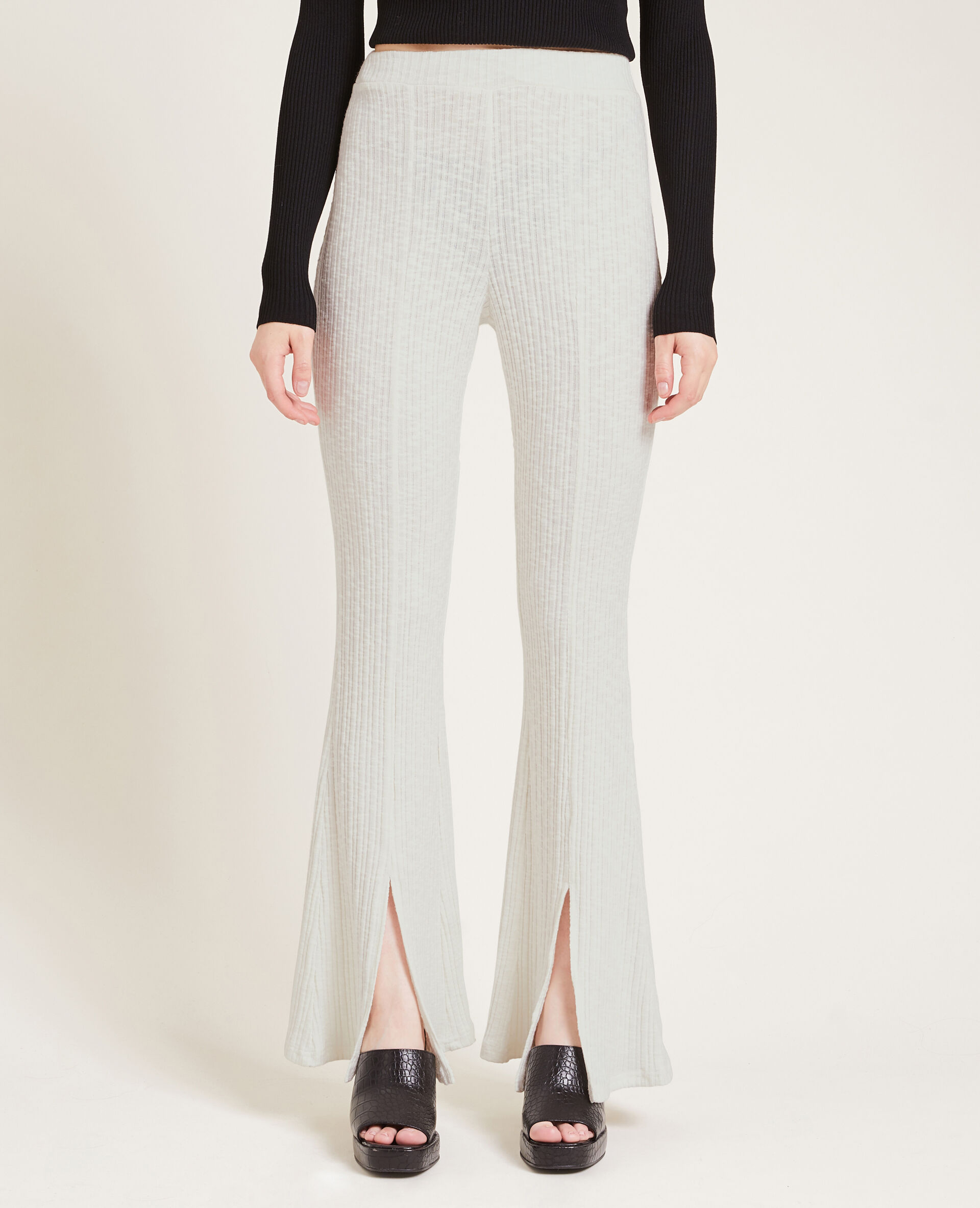 Pantalon flare en maille côtelée SMALL - Écru