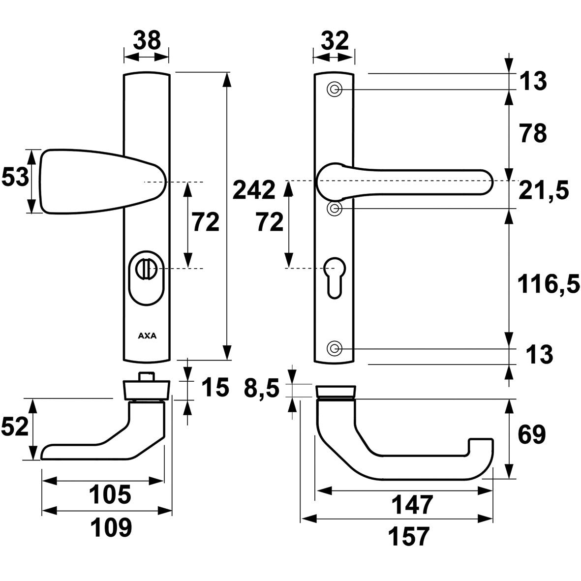 AXA 6762 Veiligheidsbeslag Premium smal Wing-knop kruk Flow PC72 anti-kerntrek F1 - 6762-53-11/72