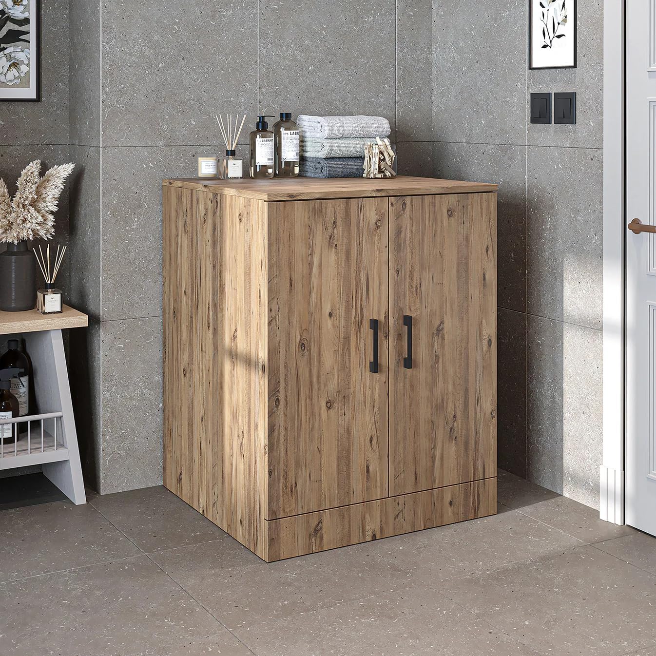 Badezimmer, Waschmaschinenschrank, Waschturm, Waschmachinenregal, Waschmaschinenüberbau - BHT: 70 x 180 x 69 cm (ohne Oberschrank, Eiche)