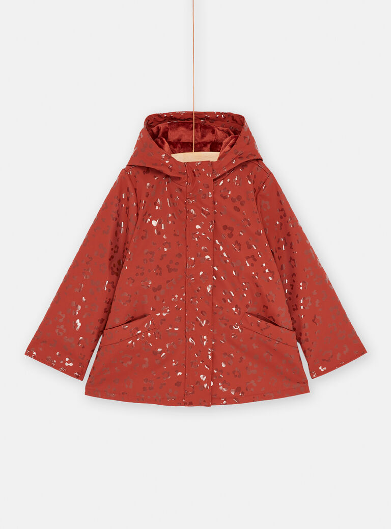 Imperméable à capuche rouge brique à imprimé panthère brillant