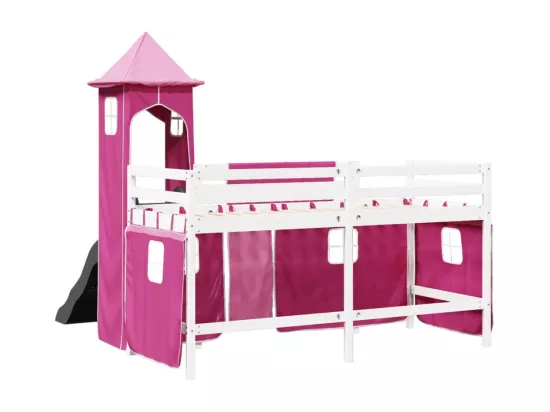 Lit mezzanine enfants avec tour rose 80x200cm bois pin massif