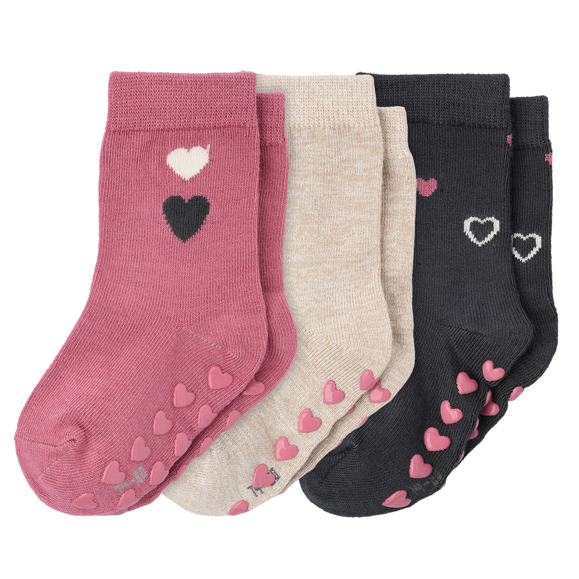 Topomini 3 Paar Baby Stoppersocken mit Herz-Motiven beere / beige / dunkelgrau