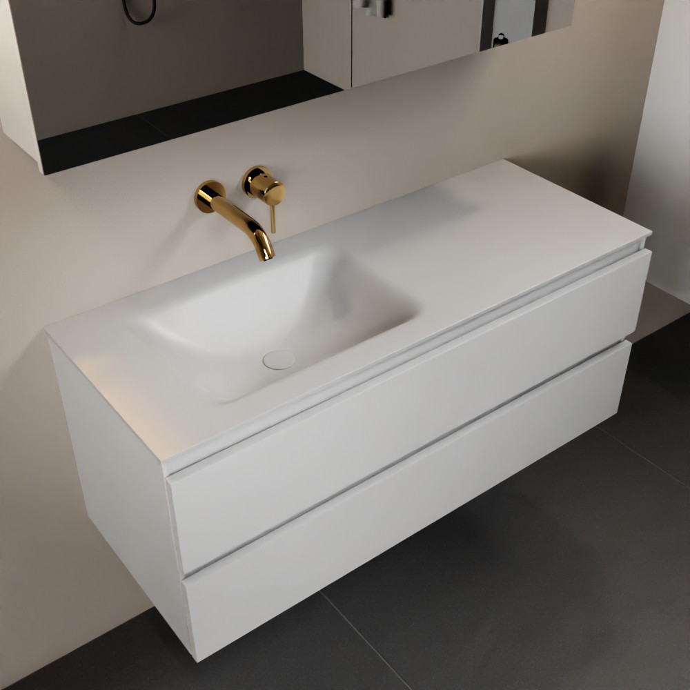 Mondiaz Aivy badmeubel 120cm talc met wastafel solid surface talc links zonder kraangat en spiegelkast