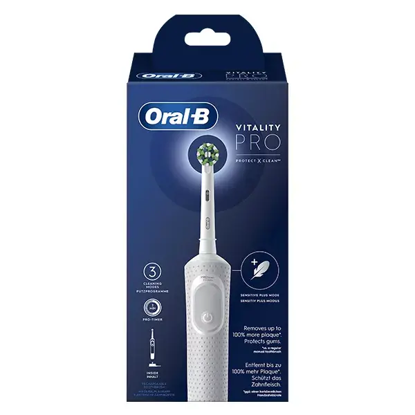 Escova de dentes elétrica Oral-B Vitality Pro branca com 1 cabeça de escova.