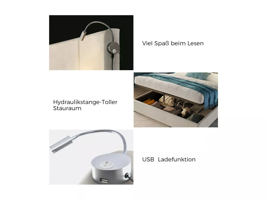 Lit hydraulique avec lampe de lecture - 140x200 cm - charge USB et grand rangement - Lin - Beige