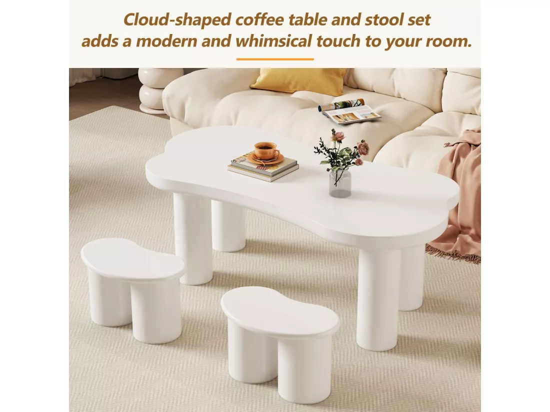 Table basse asymétrique avec 2 tabourets - en MDF + pieds en PVC - 113x58x40.5cm - Blanc