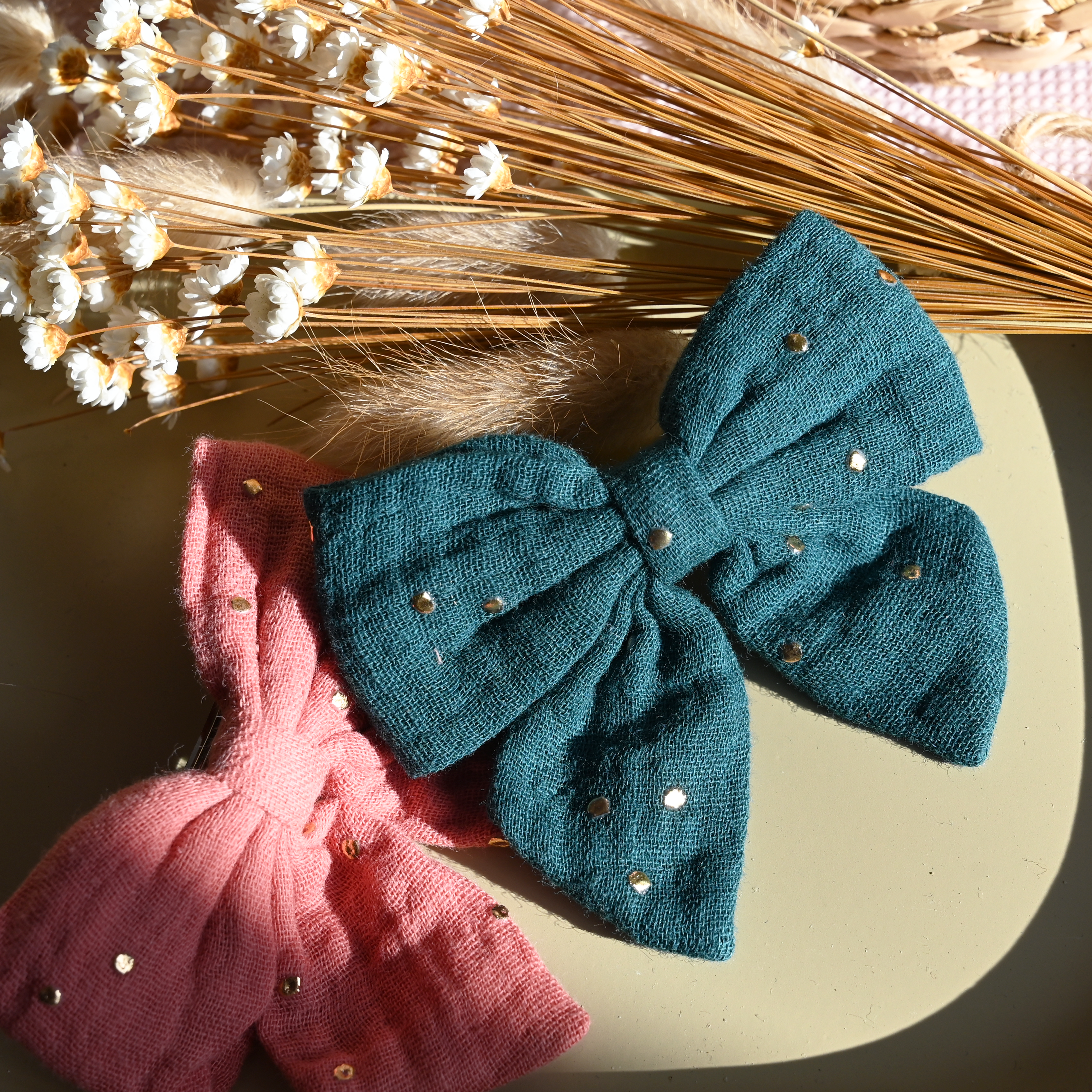Barrette Noeud Papillon Gaze Pois Or Vert Canard