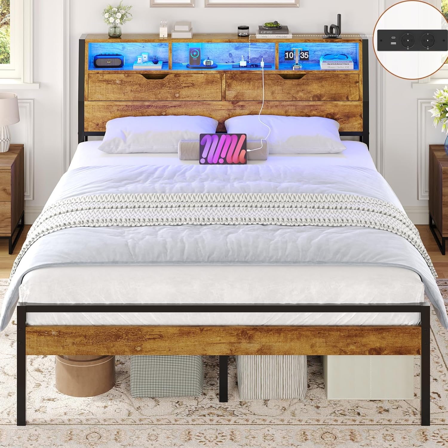 Bett 120x200 mit Lattenrost aus Metall Bettrahmen mit LED Beleuchtung und Steckdose, Bettgestell 120x200 cm mit Holzkopfteil, 2 Schränke mit Türen, Jugendbett mit Stauraum, Modern, Braun