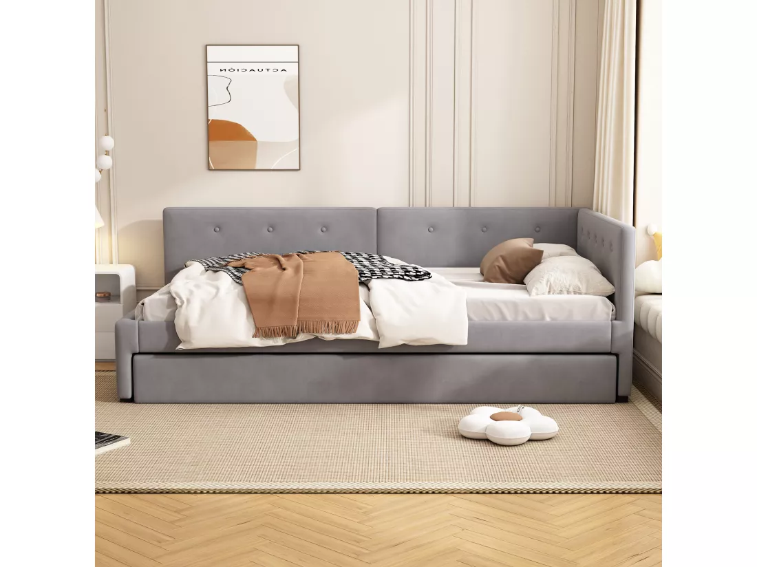 Lit gigogne 140 x 200 cm + 90 x 190 cm avec tête de lit - velours - gris