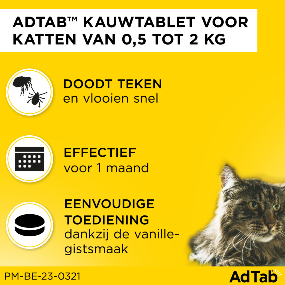 AdTab Anti Vlo en Teek Kauwtabletten Kat 0,5-2,0 kg3 tabletten