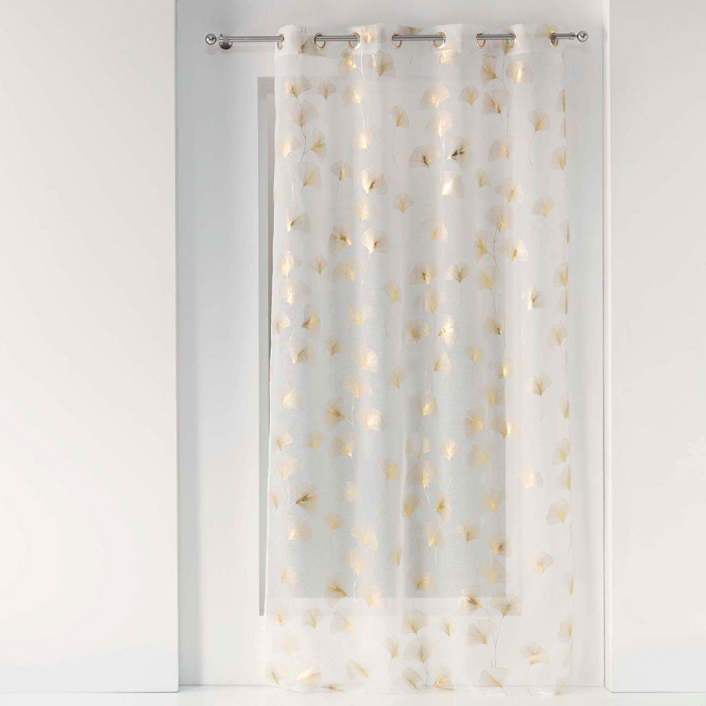 Voilage à œillets polyester imprimé ginkgo doré blanc 140x240cm
