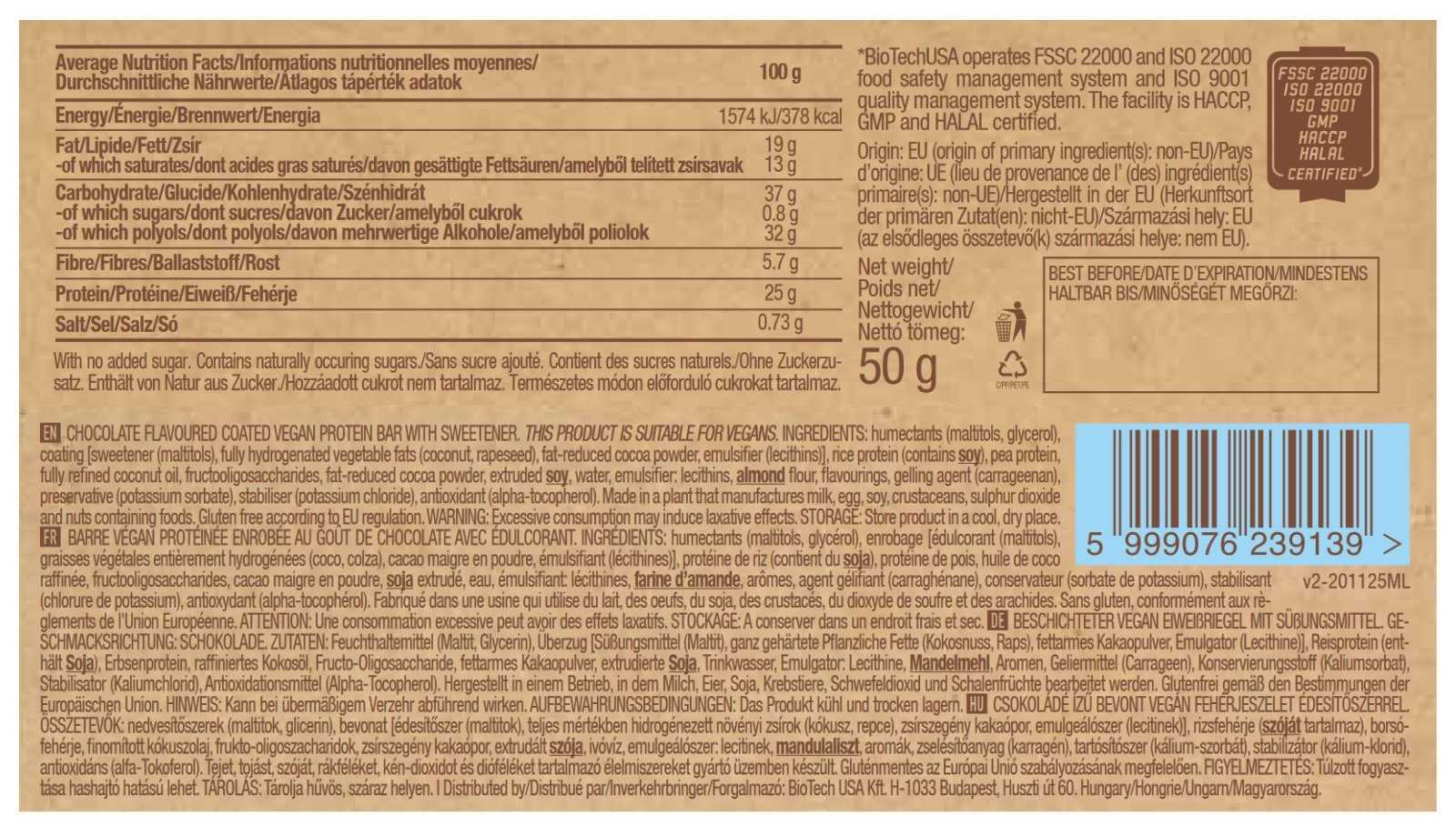 Barra de proteína vegana Biotech USA 50g