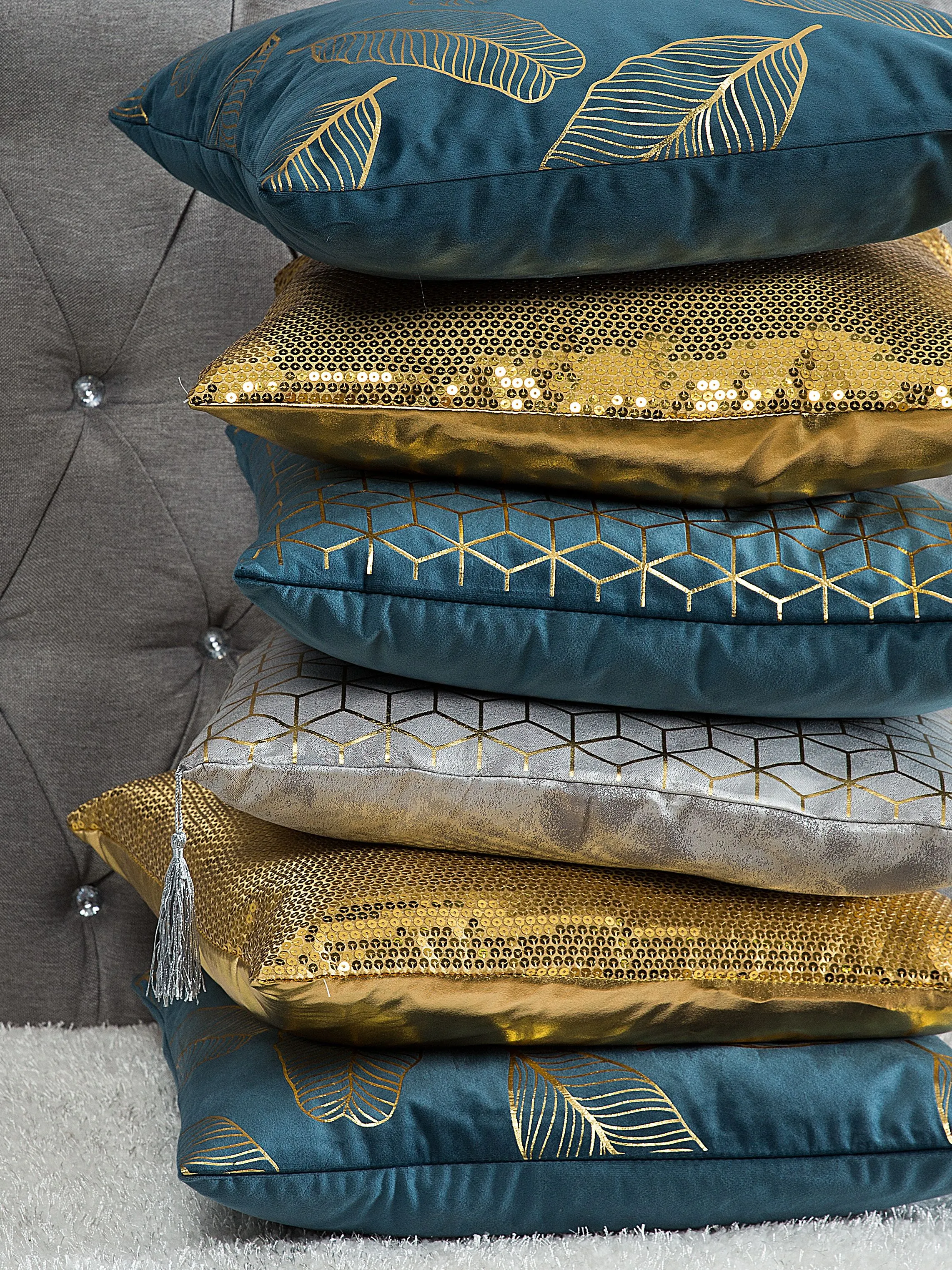 Set van 2 sierkussens CELOSIA Fluweel 45 x 45 cm Groenblauw geometrisch patroon