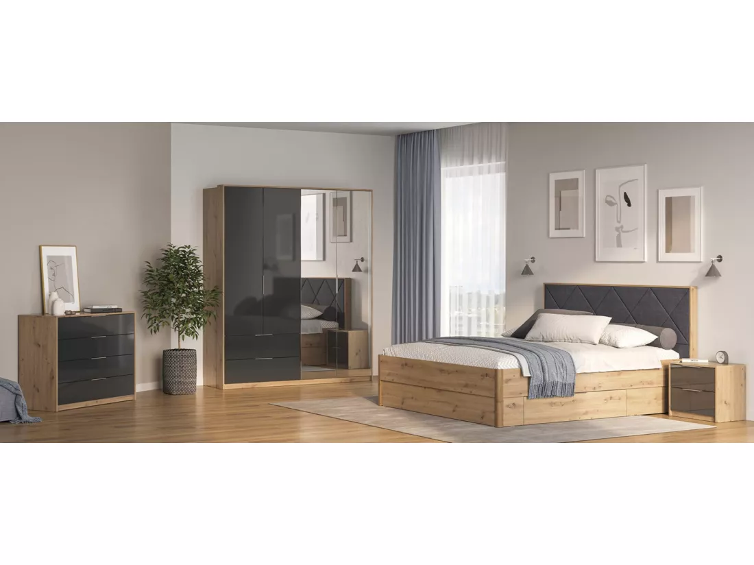Chambre RAY anthracite et chêne - AVEC ARMOIRE