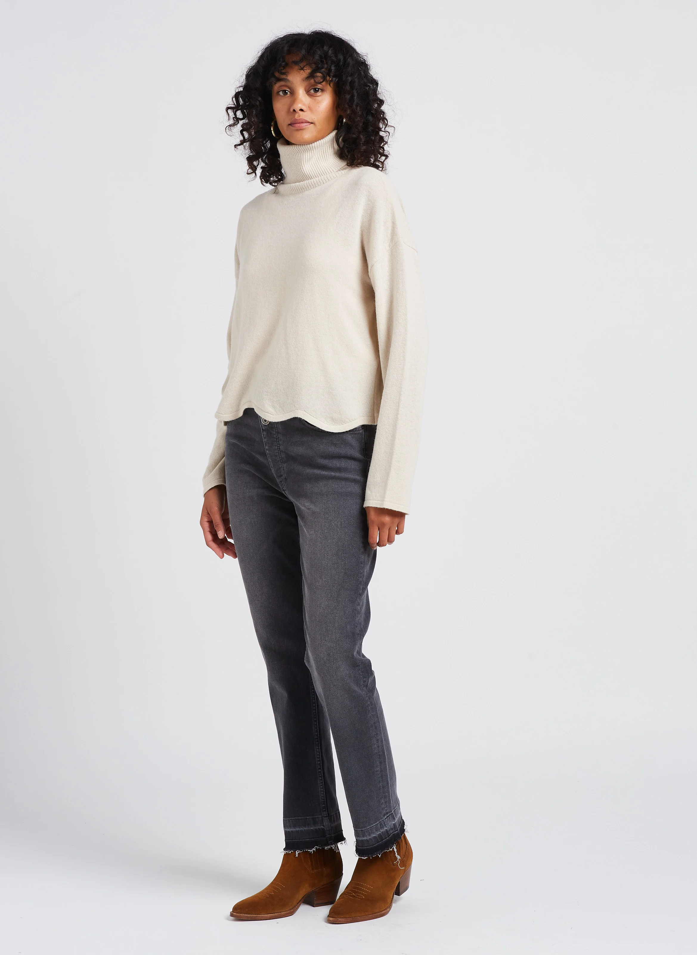 JESSE - Pull col roulé droit en maille mélangée | Beige