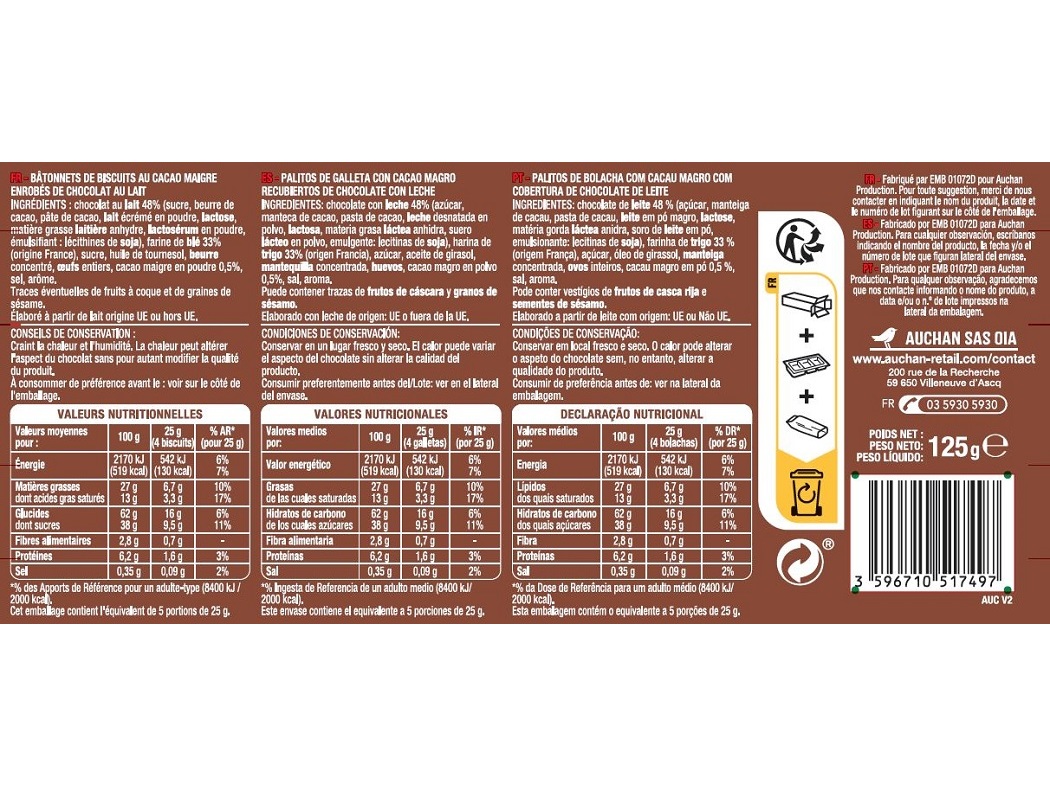 BOLACHAS AUCHAN PALITOS DE CACAU E CHOCOLATE DE LEITE 125G