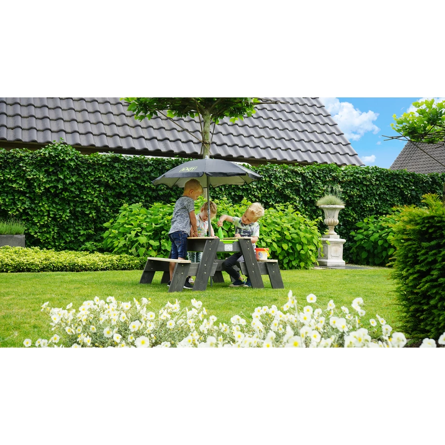 EXIT Aksent Sand,- Wasser- und Picknicktisch (1 Bank) mit Sonnenschirm und Gartenwerkzeugen